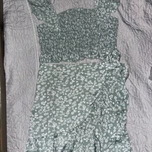 Floral Green and White Smocked 2 Piece